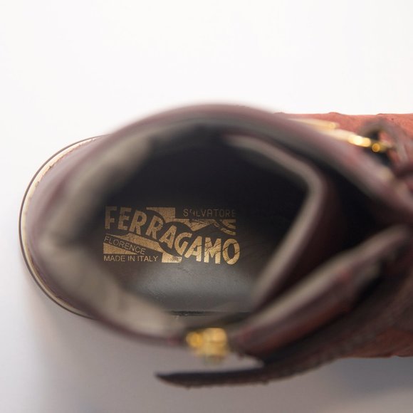 SALVATORE FERRAGAMO Size 9 Burgundy Leather Nayon Gancio High Top Sneakers - Picture 7 of 15